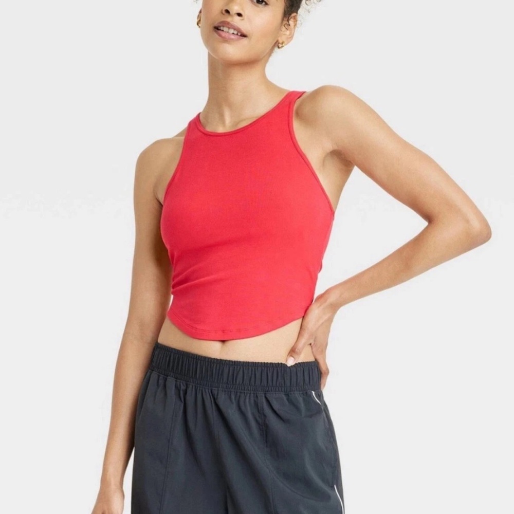 All in Motion Red Ribbed High Neck Racerback Keyhole Sport Tank